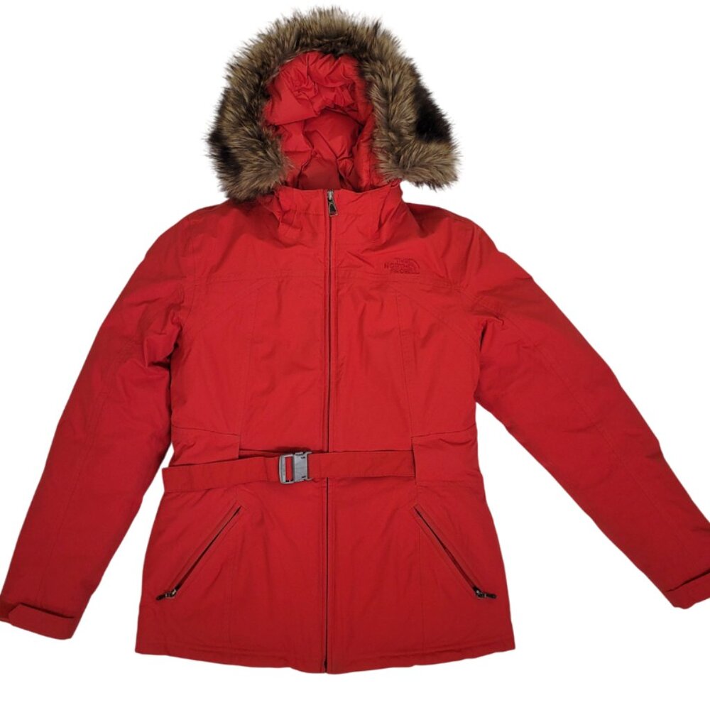 The North Face Red Hooded Belted Insulated Parka Coat women's size small
